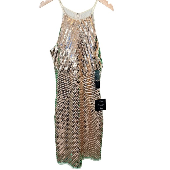 Lulus Dresses & Skirts - Lulus Womens Gold Sequin Geometric Halter Bodycon Cocktail Dress Small NWT